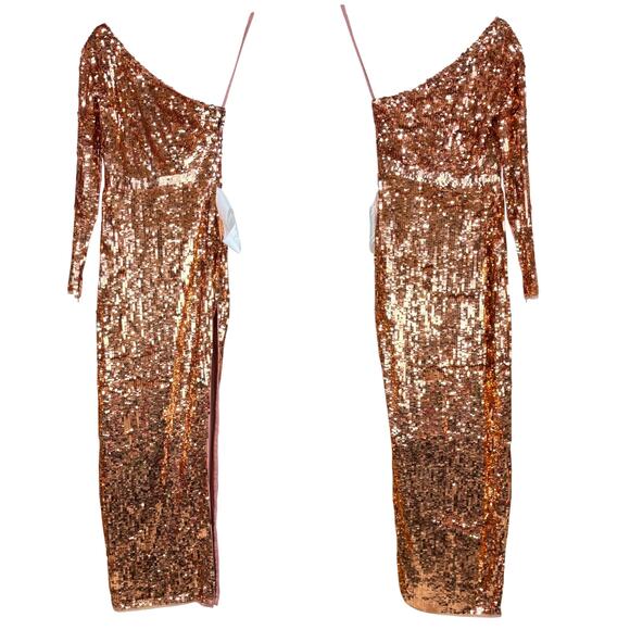 Mac Duggal NWT One Sleeve Fully Sequined High Slit Maxi Dress Copper Size 6 - Picture 3 of 10